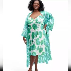 Diane Von Furstenberg intimate babydoll, satin, plus size XXL, green leaf print.